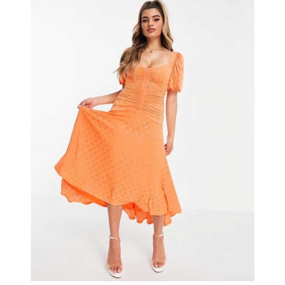 ASOS design orange eyelet puff sleeve sexy midi dress 4 6 small medium
